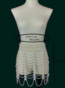 1條女性珍珠身鏈手工串珠魚網短裙,泳池派對性感鉛筆裙,適合派對、禮物、聖誕節 - 白色 - 查看 5