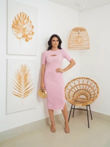 Vestido Midi De Tricot De Modal Acanalado Ajustado Con Abertura Frontal Y Abertura Lateral, Elegante Vestido De Tricot - Rosa Pálido - Ver 6