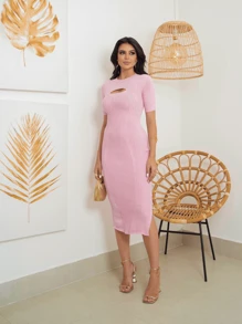 Vestido Midi De Tricot De Modal Acanalado Ajustado Con Abertura Frontal Y Abertura Lateral, Elegante Vestido De Tricot - Rosa Pálido - Ver 1