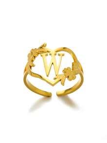 1pc Fashionable Gold Stainless Steel Flower Shaped Open Ring With Letter, Heart For Ladies, Wedding, Jewelry, Valentine'S Day Gift - Gold - View 31