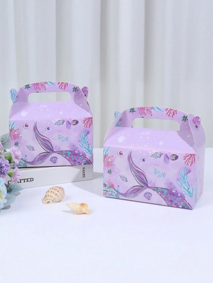 4个紫色美人鱼风格礼盒，海洋美人鱼主题生日婚礼节日派对礼品包装盒，适用于糖果面包蛋糕食品，节日礼物派对小礼品 - 紫色 - 查看 1