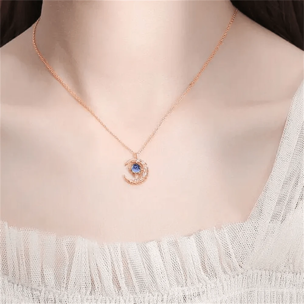 1件時尚的藍寶石裝飾銀項鍊,呈月亮形狀 - 玫瑰金 - 查看 1