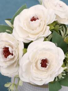 1套含有花盆的人造布玫瑰花和1個大型盆栽的假牡丹,模擬室內盆栽裝飾,適用於禮品、家居裝飾、婚禮、生日、派對場合 - 白色 - 查看 4