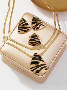 3入組流行不鏽鋼雙層鏈,扁平鏈,圓形,三角形和豹紋設計的項鍊,耳環和戒指,適合女性日常穿著,約會和禮物