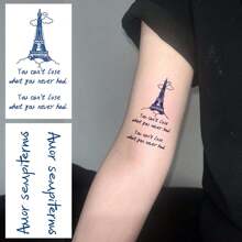 2 件草藥臨時紋身貼紙,帶有艾菲爾鐵塔圖案,簡單清新防水英文短語和字母紋身,手臂防水持久一次性假紋身,持續 7-15 天,適合男士和女士 - 藍色 - 查看 2