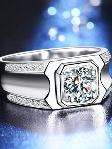 簡約微鑲立方氧化鋯和鑽石男戒指 - 銀色 - 查看 4