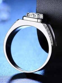 簡約微鑲立方氧化鋯和鑽石男戒指 - 銀色 - 查看 3