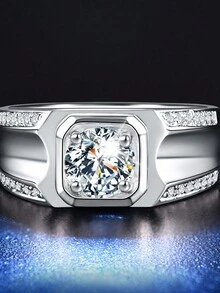 簡約微鑲立方氧化鋯和鑽石男戒指 - 銀色 - 查看 2