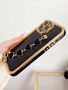 1 件纯色 3D 镀层框架和心形链手机壳，适用于 iPhone - 黑色 - 查看 4