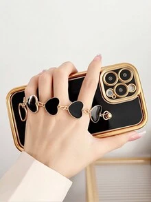 1 件纯色 3D 镀层框架和心形链手机壳，适用于 iPhone - 黑色 - 查看 5