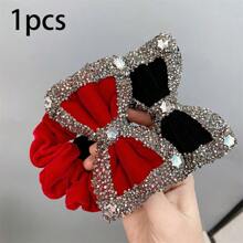 Cehomi 1 件装天鹅绒发圈发夹，适合女士或女孩，镶有钻石的优质天鹅绒弹性柔软马尾发夹，适合生日、派对、感恩节、圣诞节，红色