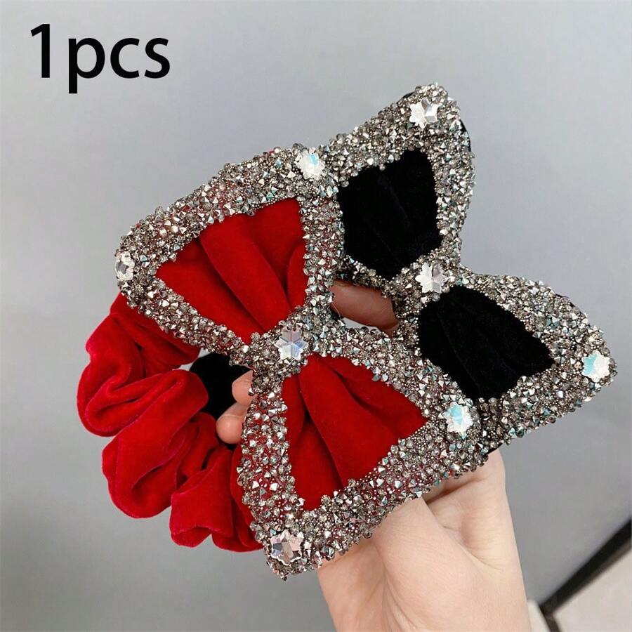 Cehomi 1 件装天鹅绒发圈发夹，适合女士或女孩，镶有钻石的优质天鹅绒弹性柔软马尾发夹，适合生日、派对、感恩节、圣诞节，红色