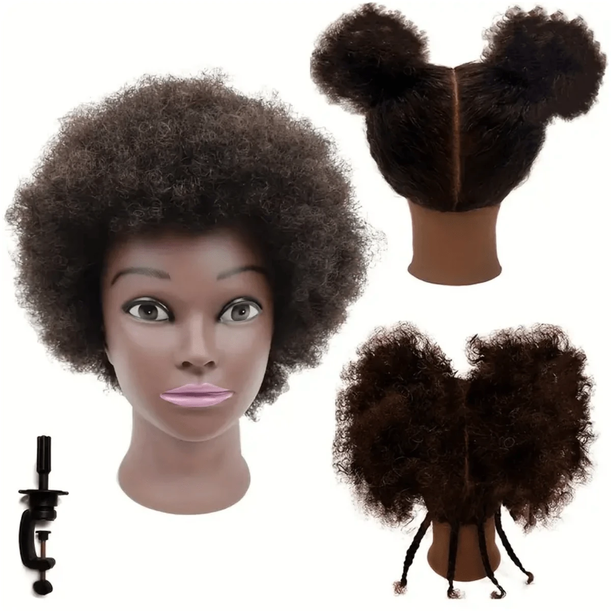 Real Hair Mannequin Head With Short Afro Curly Hair & Wig Stand For Hairdresser Practice Training Perfect For Professional Use - Black - View 1