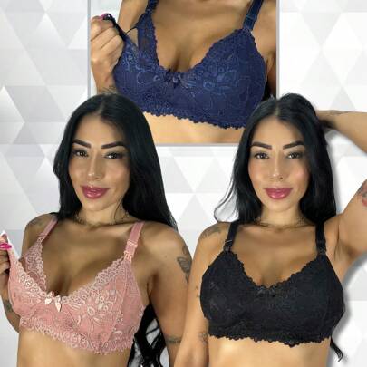 Kit 3 Sutiã Amamentação Sem Bojo Pós Parto Reforçado Todo Renda PRETO+ROMANCE+MARINHO