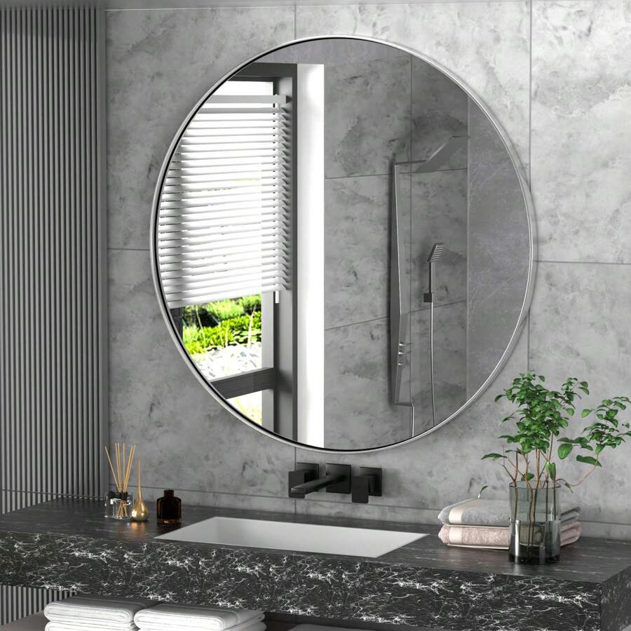 18/30/36/ Inch Bathroom Mirror Make Up Mirror For Wall, Stainless Steel Frame Circle Mirror Wall Mounted Decorative Mirror For Bedroom Living Room Entryway Black/Silver - Silver - View 1