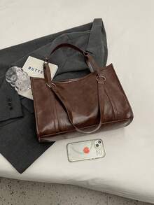 純色復古大容量腋下包手袋女包新簡約時尚肩托包 - 咖啡棕 - 查看 5