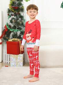 2pcs/Set Young Boy Christmas Family Matching Pajamas, Cute Reindeer & Snowflake Print Long Sleeve Top And Pants, Holiday Comfortable Tight-Fitting Sleepwear Suit - Red - View 6