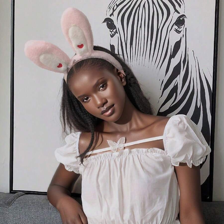 1個防水化妝髮箍,兔耳髮箍,羊絨髮飾夾頭