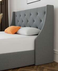 SHA CERLIN Upholstered Platform Bed Frame with 4 Storage Drawers and Wingback Headboard, Diamond Stitched Button Tufted Design, No Box Spring Needed, Grey