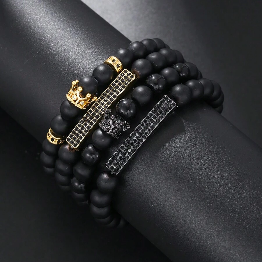 4pcs Simple & Uncommon Design Matte & Shiny Black Beads & Crown Elastic Bracelet Set - Multicolor - View 1