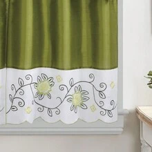 1 Set Modern Style Floral Pattern Kitchen Window Curtains, 100% Polyester Embroidered 3-Piece Curtains (SWAG 58"X36"-1PC 2X28"X36"-2PCS), Suitable For Daily And Festival Home Use - Green - View 3