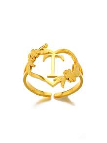 1pc Fashionable Gold Stainless Steel Flower Shaped Open Ring With Letter, Heart For Ladies, Wedding, Jewelry, Valentine'S Day Gift - Gold - View 34