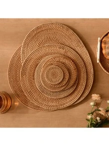 1入組手工編織藤餐墊,日式風極簡棕色絕熱杯墊適用於餐具桌子,咖啡桌子