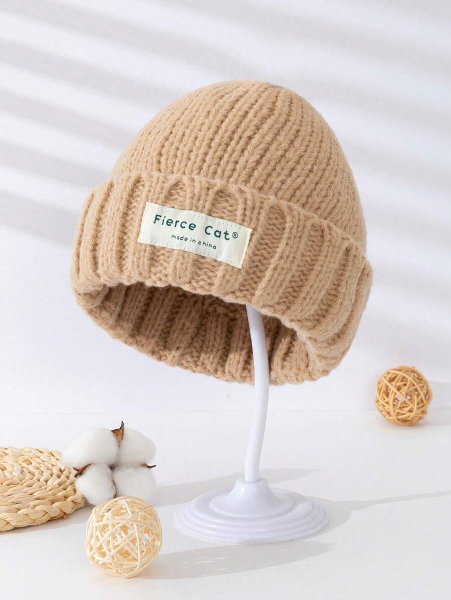1pc Unisex Teenagers' Simple & Stylish Brown Knit Beanie With English Label Decoration, Suitable For Daily Wear And Keeping Warm In Fall/winter - Khaki - View 1
