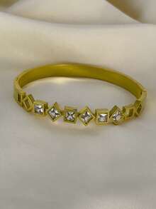 1pc Fashionable, Minimalist, Personalized, High-grade, All-match Stainless Steel Bracelet With Inlaid Square, Hollow Out Star Pattern Design, Suitable For Men & Women's Daily Wear, Travel, Sending Gifts To Family & Friends - Gold - View 4