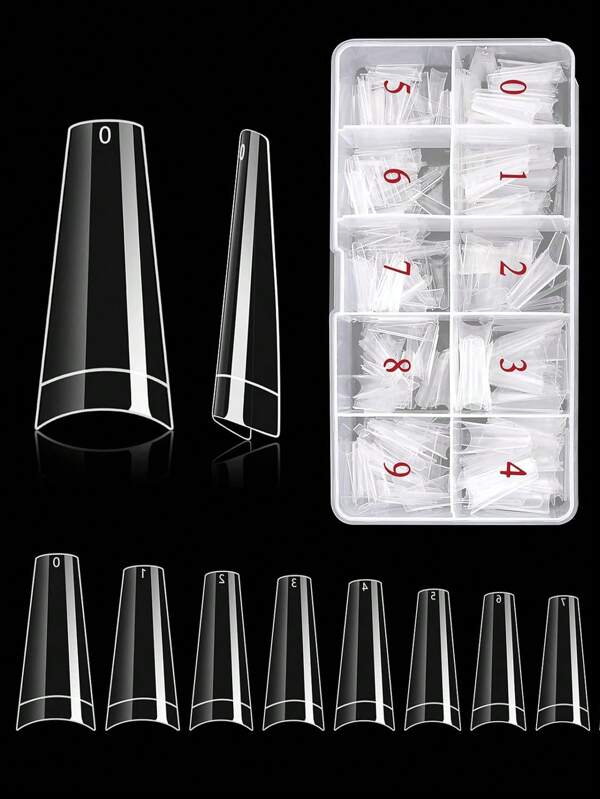 Juego de 500 uñas postizas de media cobertura con punta de ataúd largo y clara, ampliación de uñas acrílicas artificiales, 10 tamaños para herramientas de manicura de salón de arte de uñas de bricolaje, suministros de uñas uñas falsas uña falsa uña acrílica