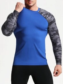 速乾男士迷彩運動衫-輕盈透氣長袖緊身t恤,適用於戶外活動、健身房和跑步,馬拉松,籃球。 - 藍色 - 查看 8