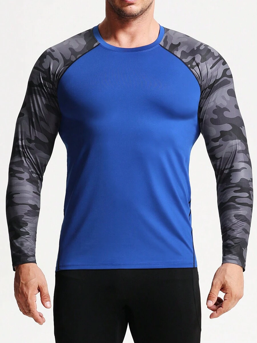 速乾男士迷彩運動衫-輕盈透氣長袖緊身t恤,適用於戶外活動、健身房和跑步,馬拉松,籃球。 - 藍色 - 查看 1