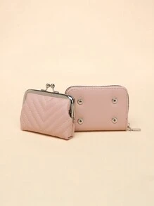 復古純色包,簡單多才的真皮錢包,帶插鈕,適用於女性時尚休閒信用卡組織者與持有者 - 粉色 - 查看 6