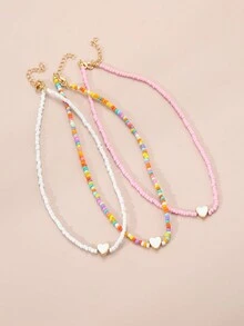 3條彩色珠串米形珠愛心項鍊,適用於女孩日常裝飾 - 彩色 - 查看 4