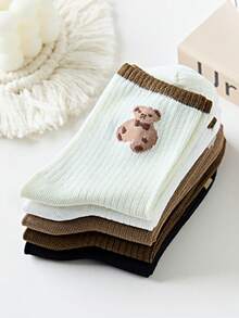 5雙可愛編織保暖休閒中筒襪,帶有熊圖案 - 彩色 - 查看 4