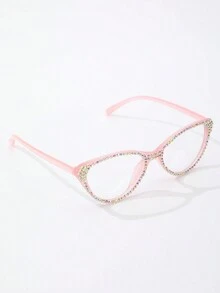 1件女性鑲有鑽石的粉色y2k豪華假日裝飾時尚可愛貓眼防藍光處方眼鏡,適合海灘穿著,主題派對和日常使用