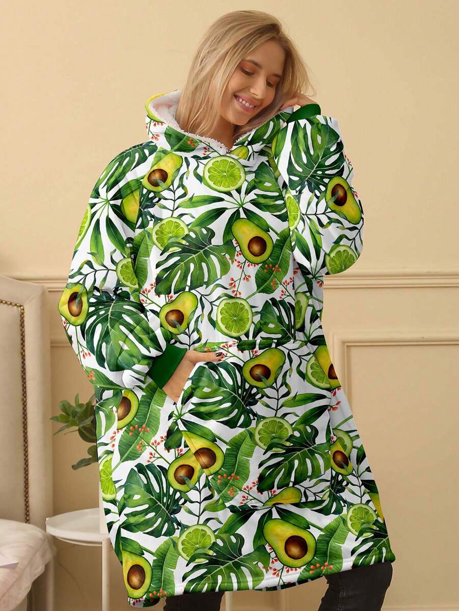 牛油果熱帶印花可穿著毛毯睡衣帽t恤 - 綠色 - 查看 1
