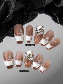 GIRL PLUS Girlplus 10入組手工製作的棺材形假指甲,法國珍珠壓花手繪設計,時尚指甲套裝適合女性和女孩日常穿著