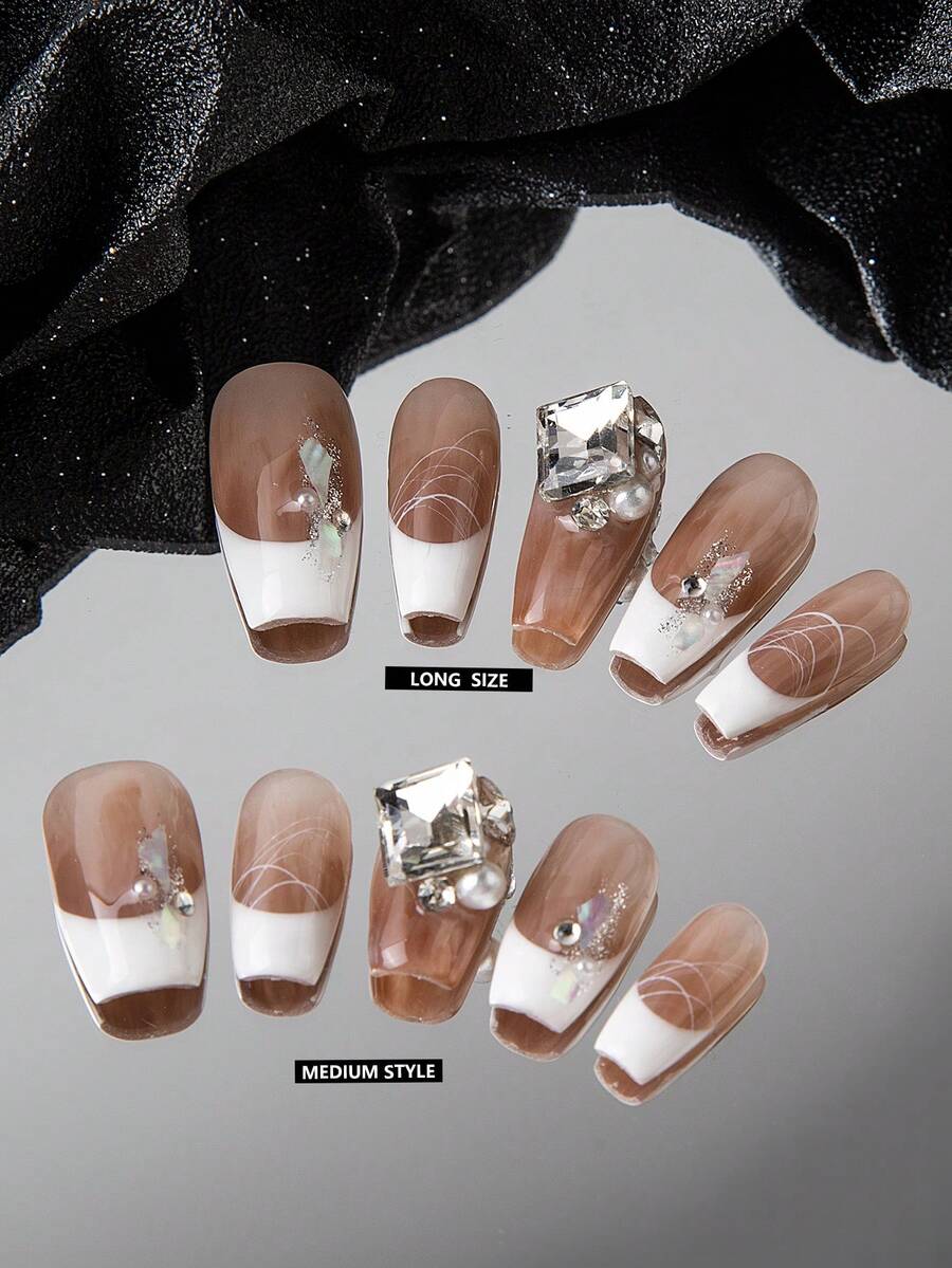 GIRL PLUS Girlplus 10入組手工製作的棺材形假指甲,法國珍珠壓花手繪設計,時尚指甲套裝適合女性和女孩日常穿著