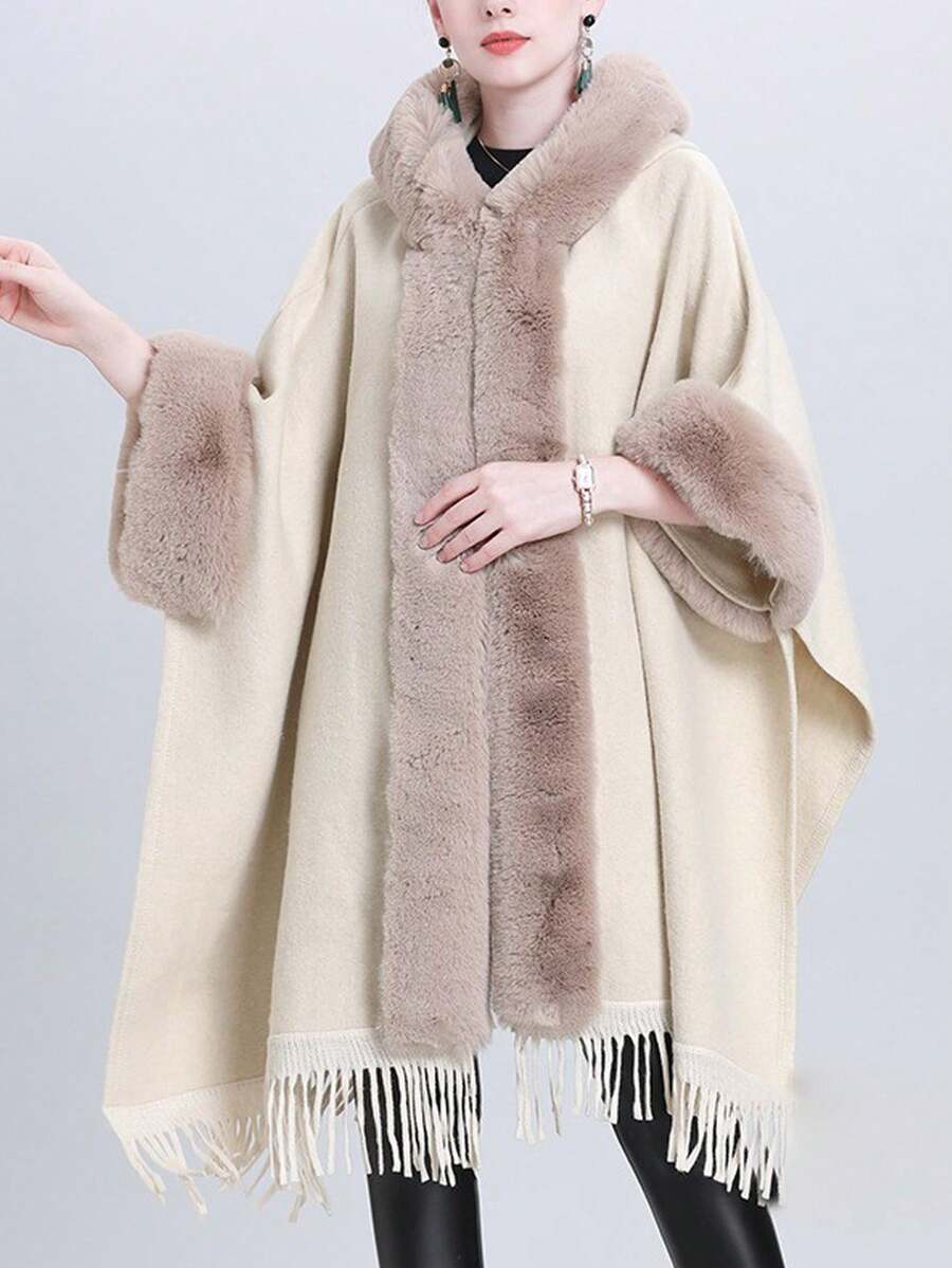 1入女士黑色針織假水貂皮披肩,秋冬新品假兔毛領帽披風,大尺碼針織外套防風保暖厚款披風,外套服飾配件