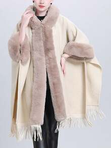 1入女士黑色針織假水貂皮披肩,秋冬新品假兔毛領帽披風,大尺碼針織外套防風保暖厚款披風,外套服飾配件