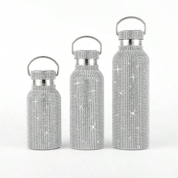 1pc 350/500/750ml Rhinestone Decor Stainless Steel Insulated Bottle, With Handmade Rhinestone Decor Lid And Handle, Double Wall Vacuum Flask For Outdoor Travel Sport Home Use Water Bottle Back To School