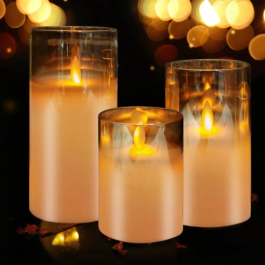 ANTSAY Weldmon 3件led大蠟燭,led茶燭,真實動態火焰,無煙,適用於派對、酒吧和家居裝飾(不含電池和遙控器) - 金色 - 查看 1