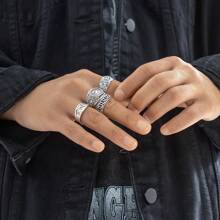 4 件套欧美复古浮雕马与链条设计男士时尚个性戒指套装 - 復古銀色 - 查看 1