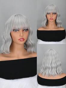 12inch Ngắn Màu xám Dợn sóng Quăn Bob Tóc giả Tóc mái , Hoàn hảo Đối với Mặc hàng ngày Và Lễ hội - Xám - Xem 1
