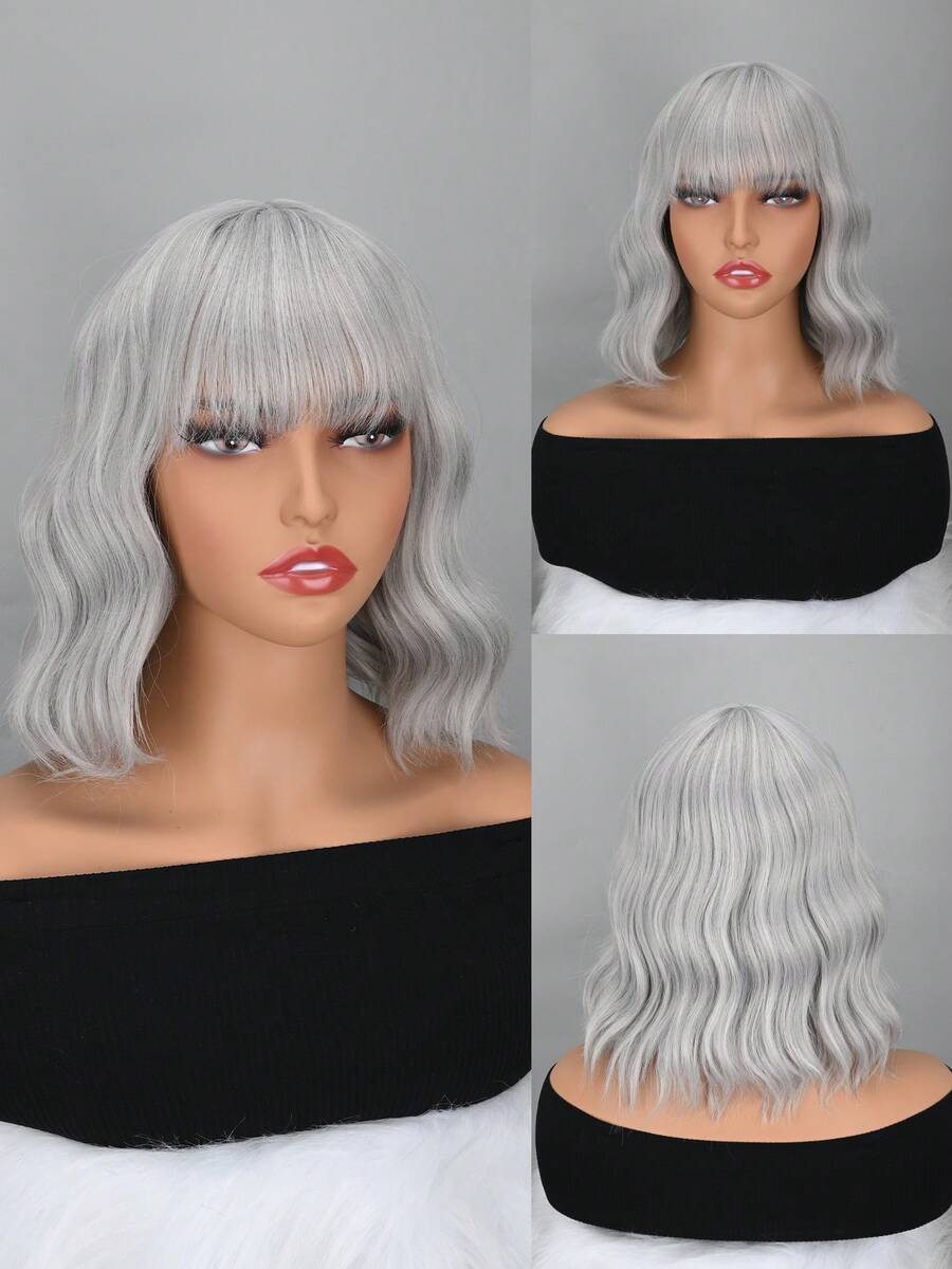 12inch Ngắn Màu xám Dợn sóng Quăn Bob Tóc giả Tóc mái , Hoàn hảo Đối với Mặc hàng ngày Và Lễ hội - Xám - Xem 1