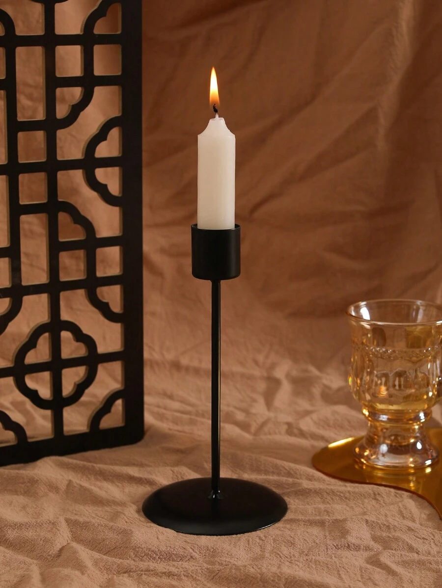 1pc Handmade Black Simple Single Head Metal Decor Candle Holder - Black - View 1