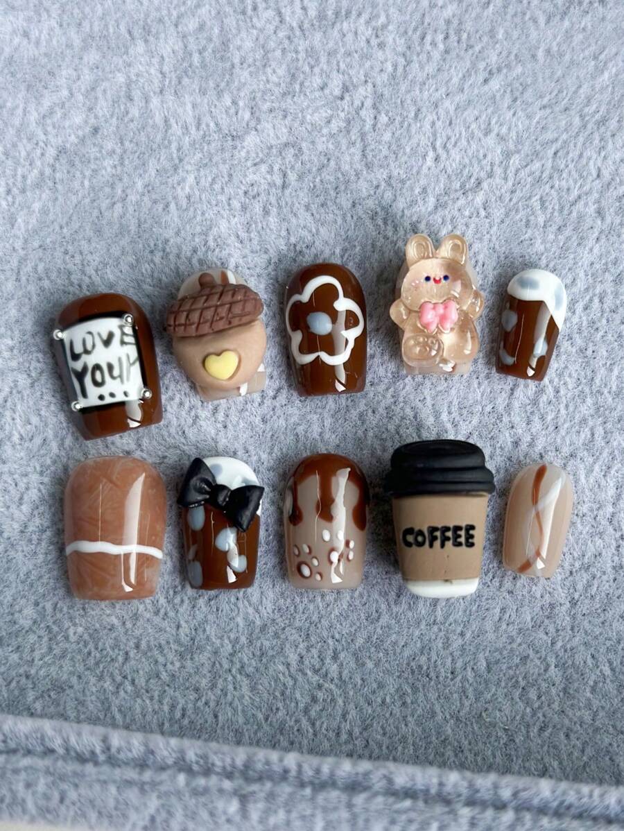10pcs Short Square Hazelnut Coffee Cozy Afternoon Graphic Design Handmade False Nail Tips, Removable And Reusable For Girls And Ladies - Multicolor - View 1