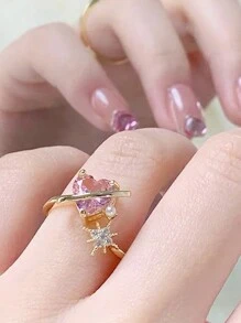 1pc High-end elegant light luxury cute heart powder  children open mouth ring - Pink - View 6