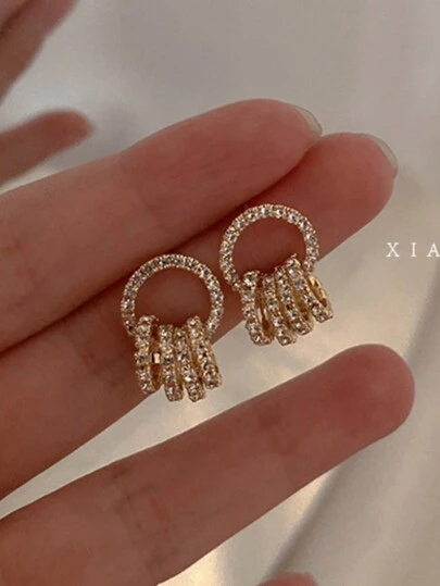 2pcs Fashionable Delicate Rhinestone Circle & Geometric Earrings For Women, Suitable For Daily Wear And Dating